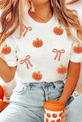 White Sequin Chenille Pumpkin Bow Tee