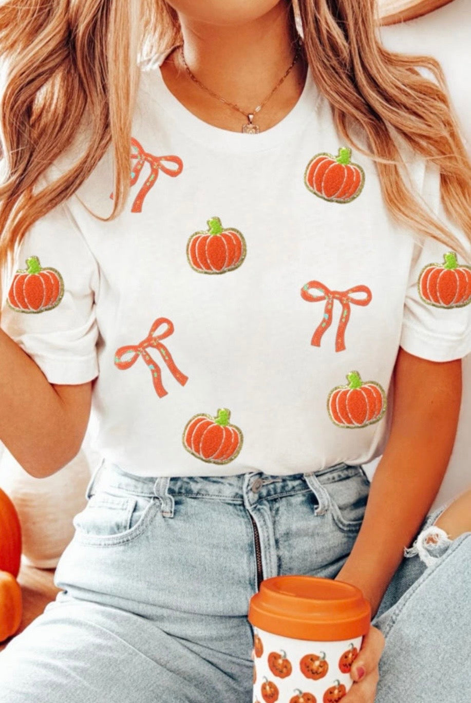 White Sequin Chenille Pumpkin Bow Tee