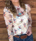 Beige Western Floral Sheer Mesh Top