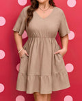 Khaki Textured Ruffle Sleeve Dress