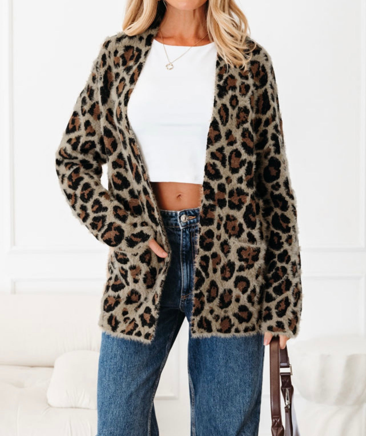 Brown Leopard Open Front Cardigan