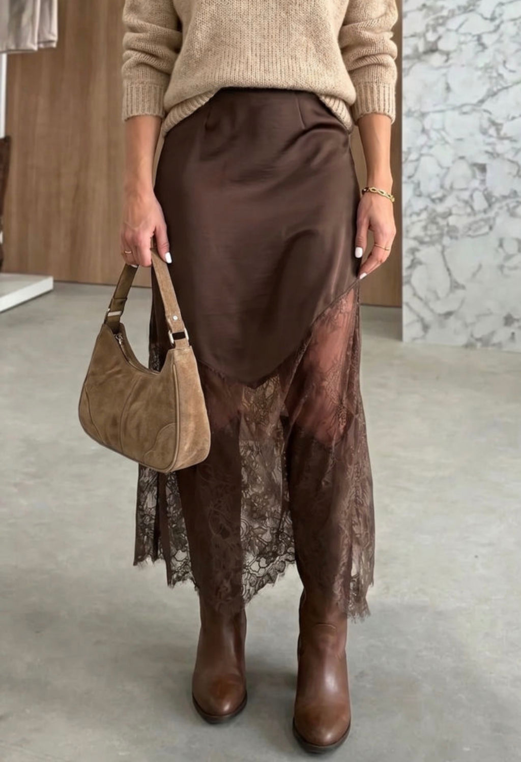Mocha Lace Trim Shift Skirt