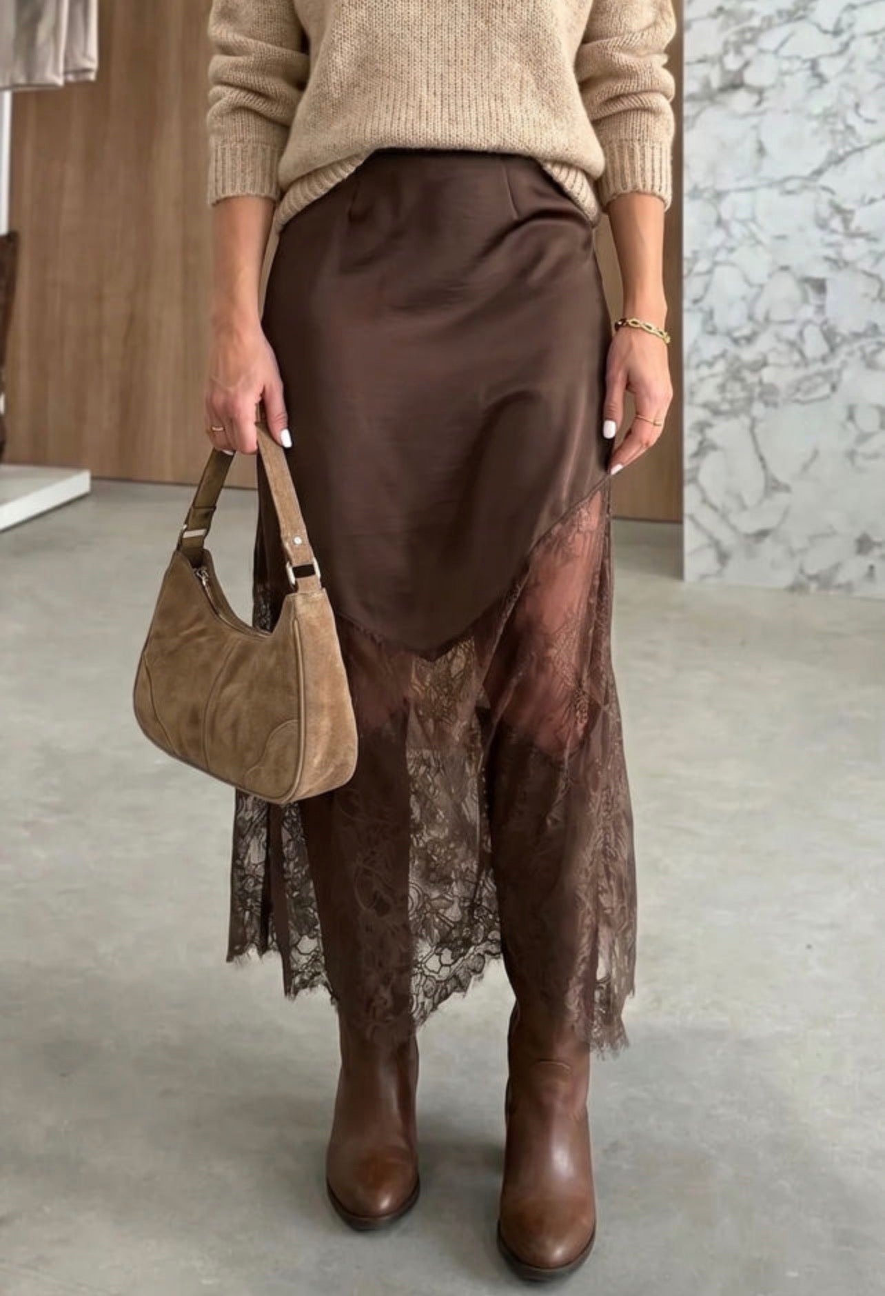 Mocha Lace Trim Shift Skirt
