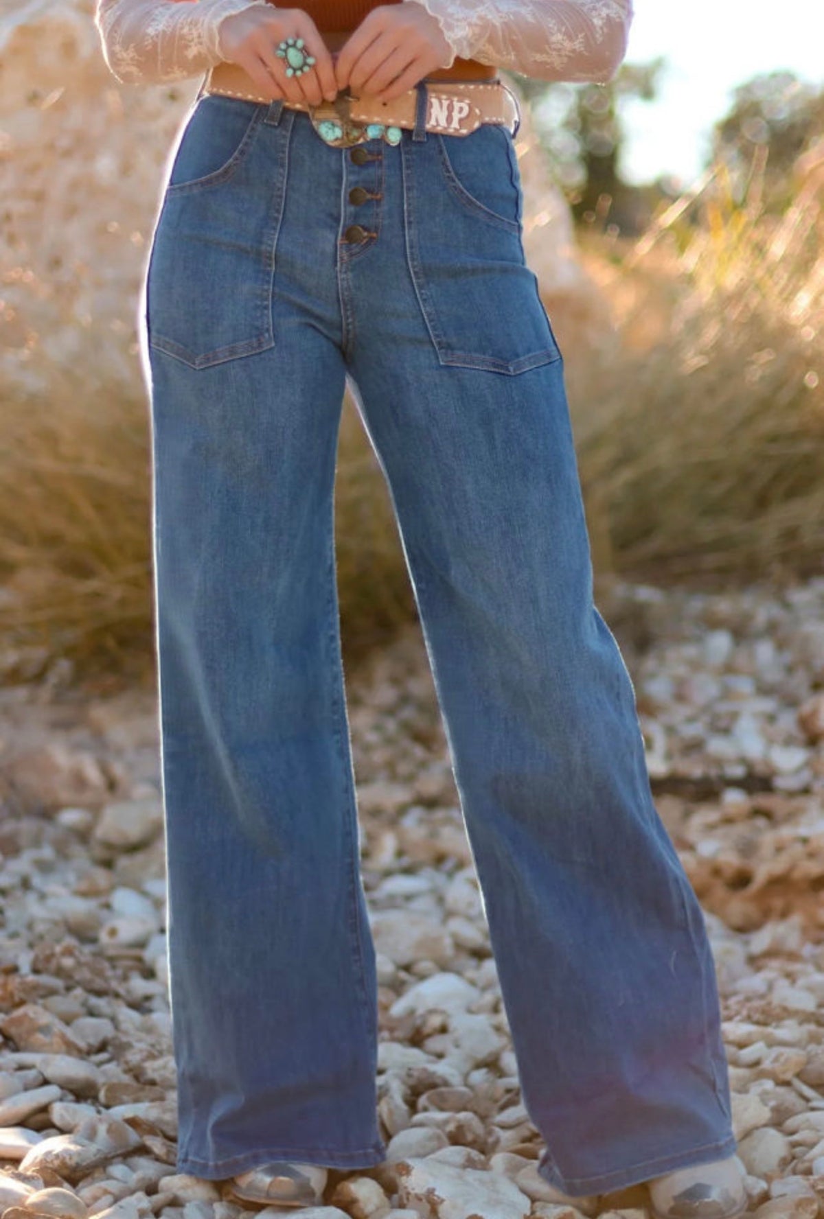 Multi-Button High Waist Wide Leg Jeans