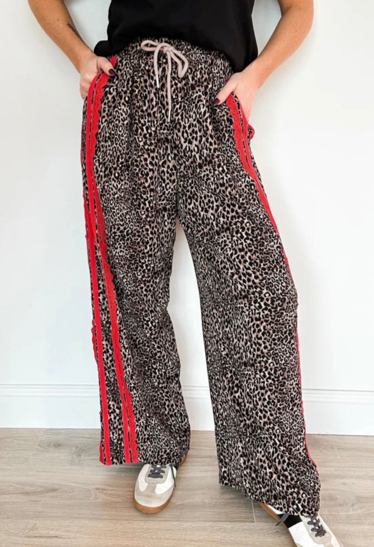 Brown Leopard Lace Detail Drawstring Pants