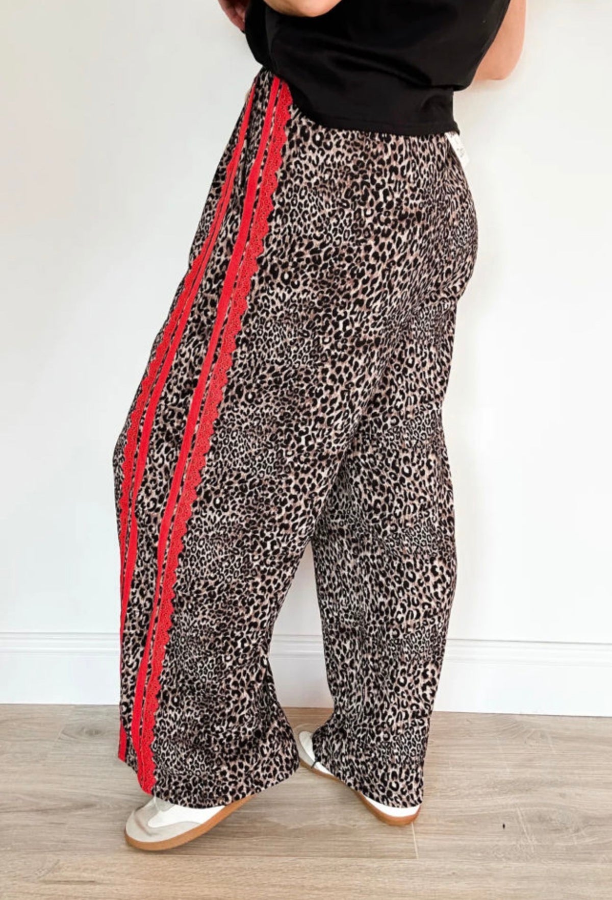 Brown Leopard Lace Detail Drawstring Pants