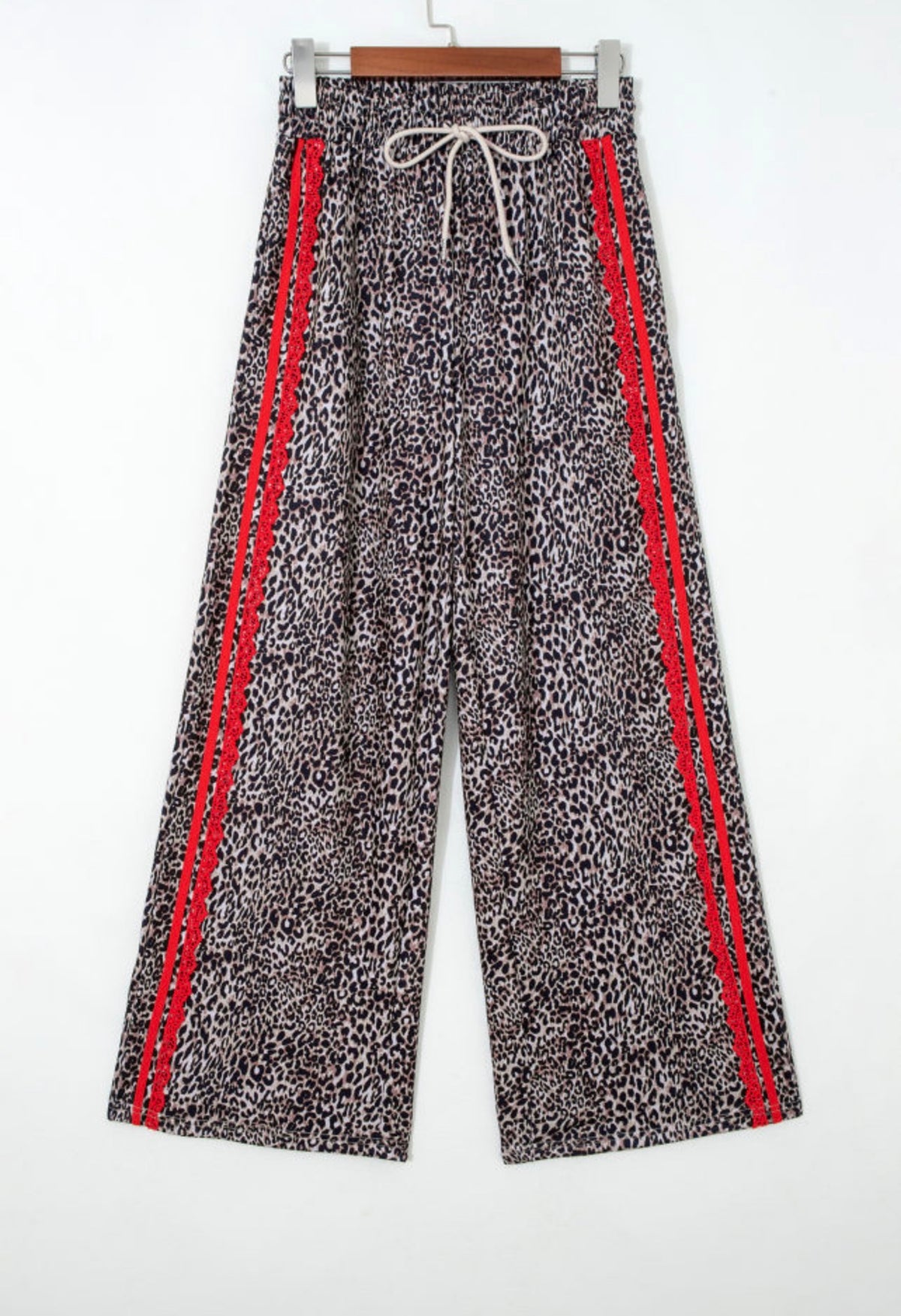 Brown Leopard Lace Detail Drawstring Pants