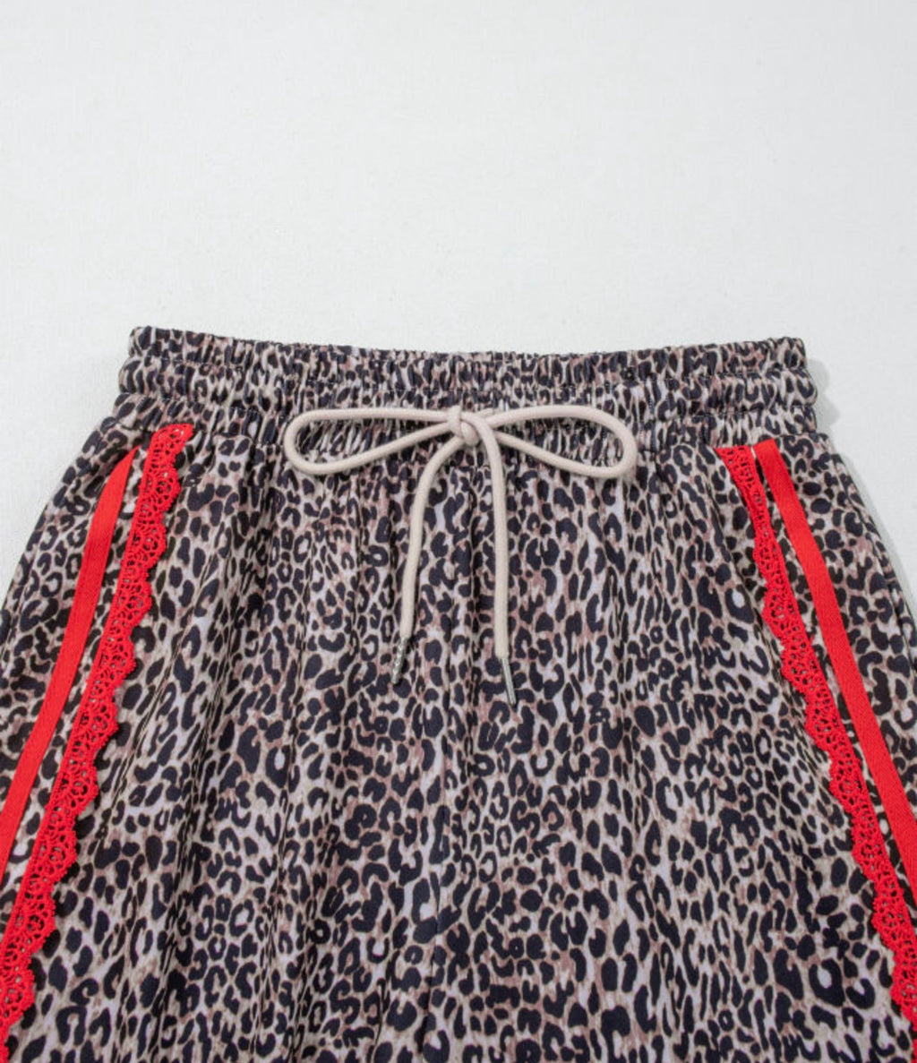 Brown Leopard Lace Detail Drawstring Pants