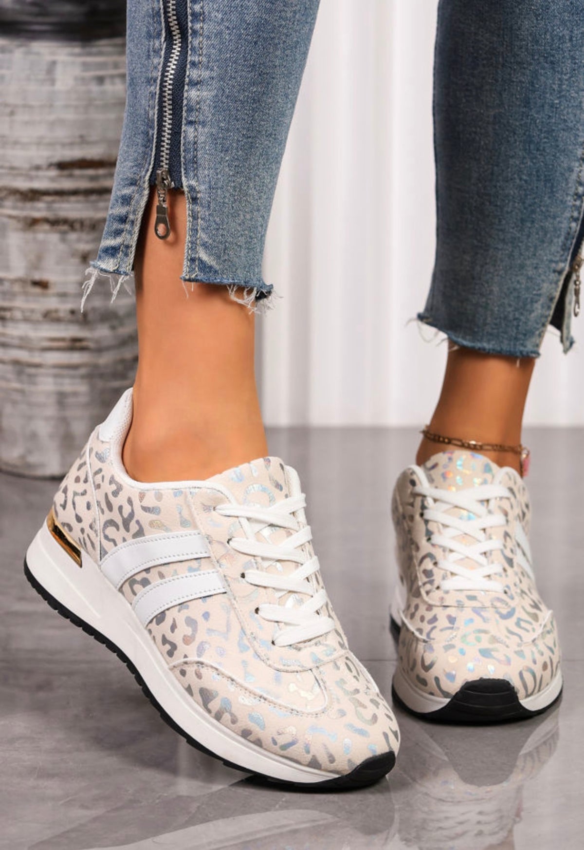 White Leopard Lace-Up Sneakers