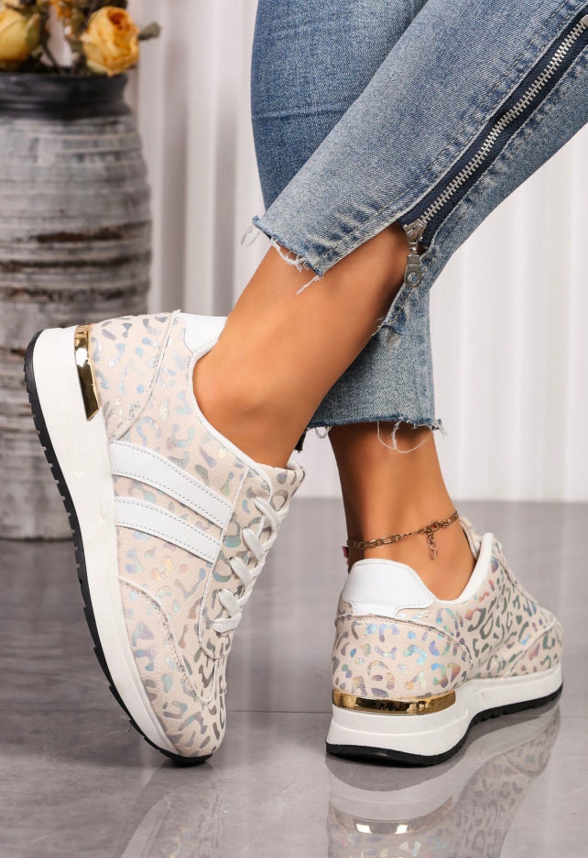 White Leopard Lace-Up Sneakers