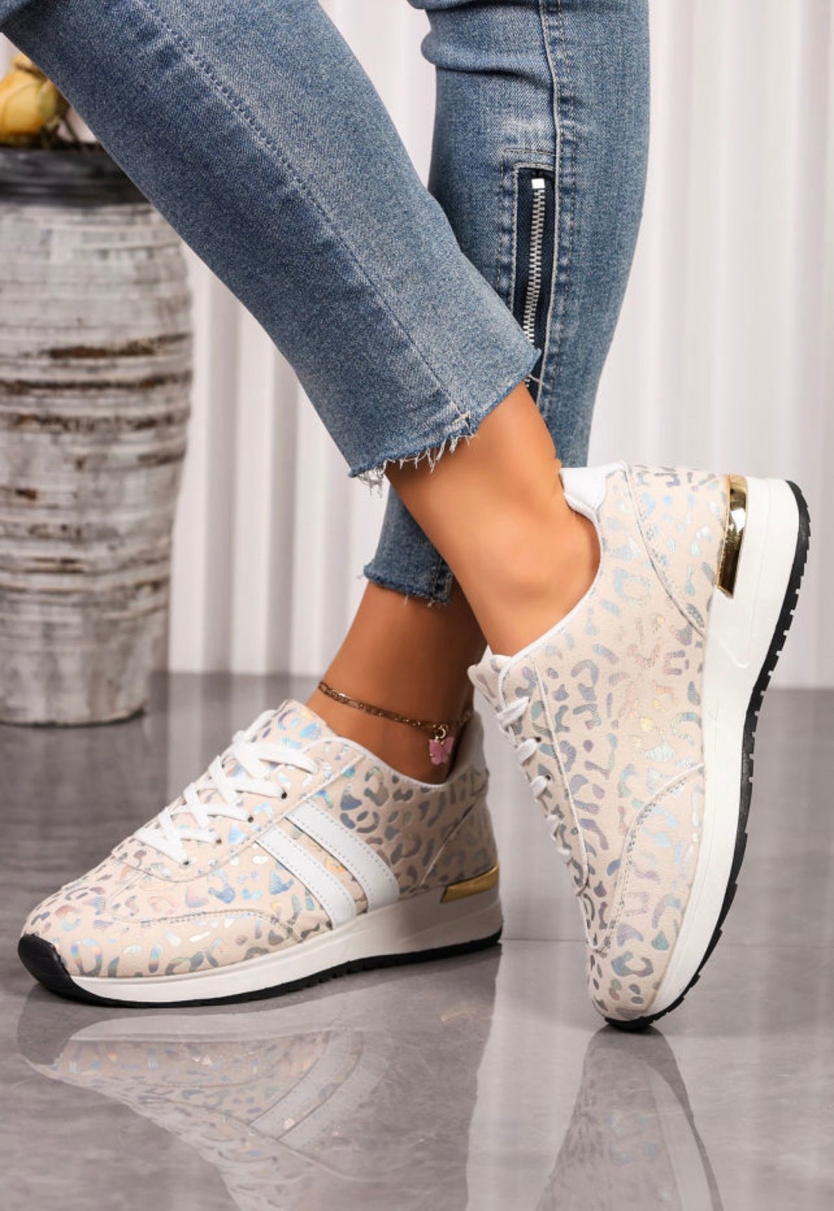 White Leopard Lace-Up Sneakers