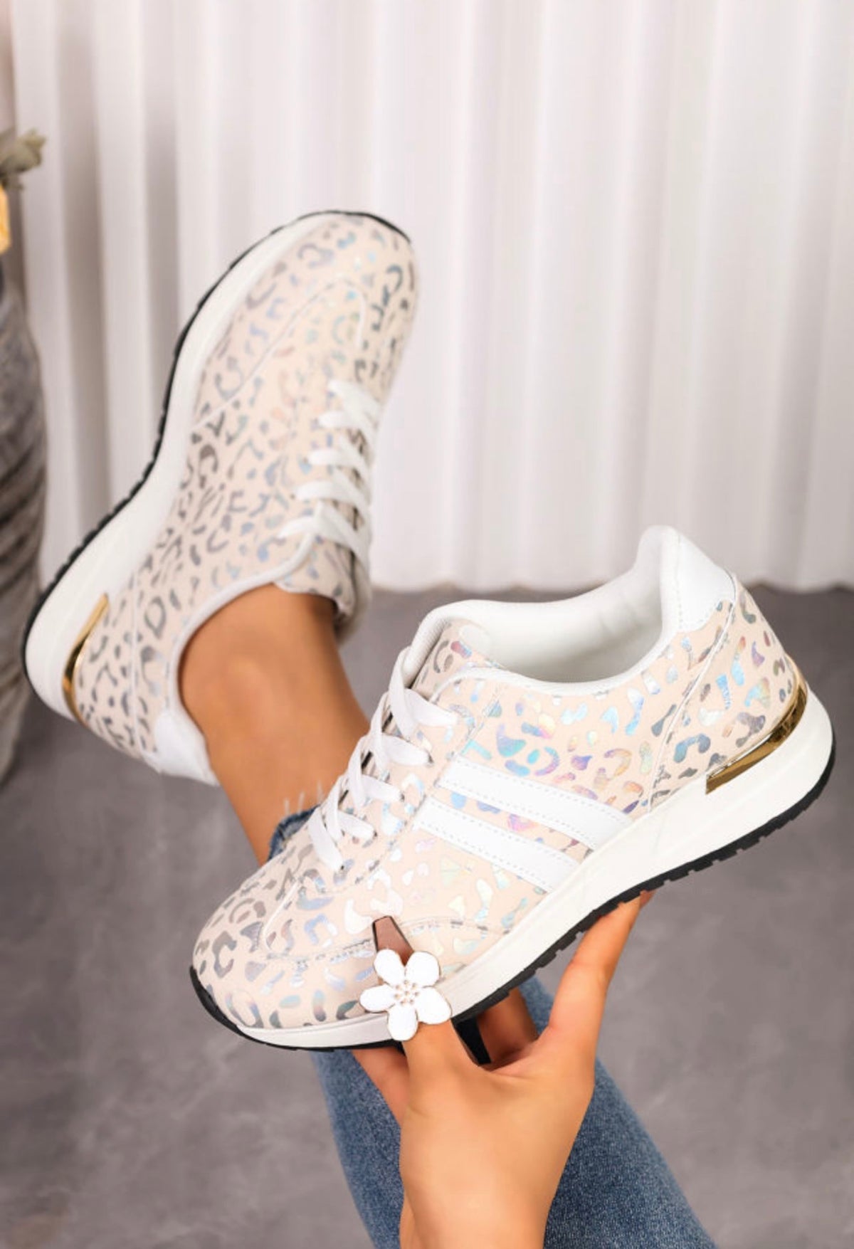 White Leopard Lace-Up Sneakers