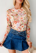 Floral Mesh Thumbhole Long Sleeve Top