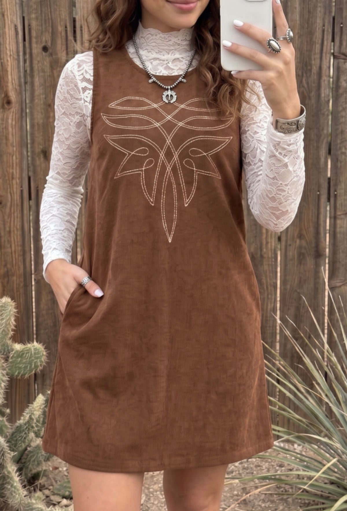 Coffee Colored Embroidered Corduroy Dress