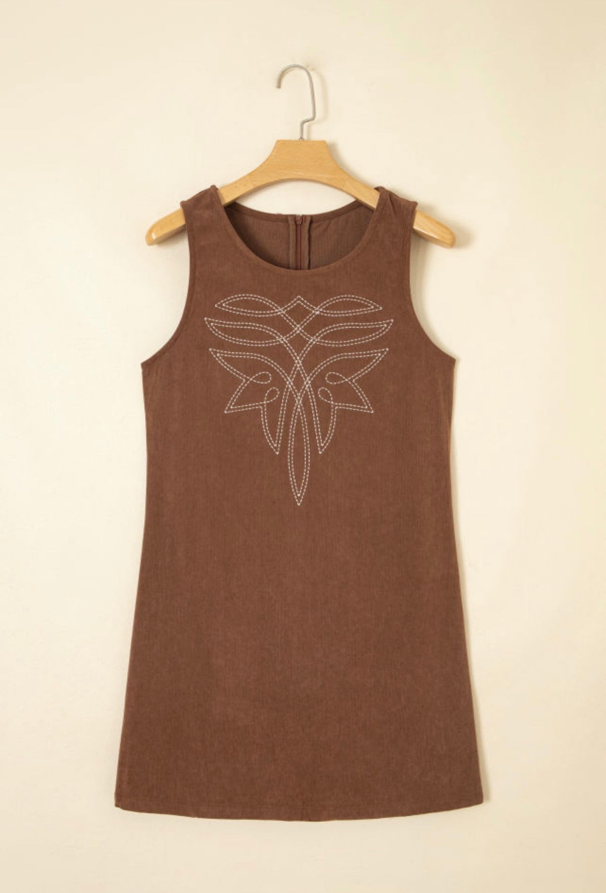 Coffee Colored Embroidered Corduroy Dress