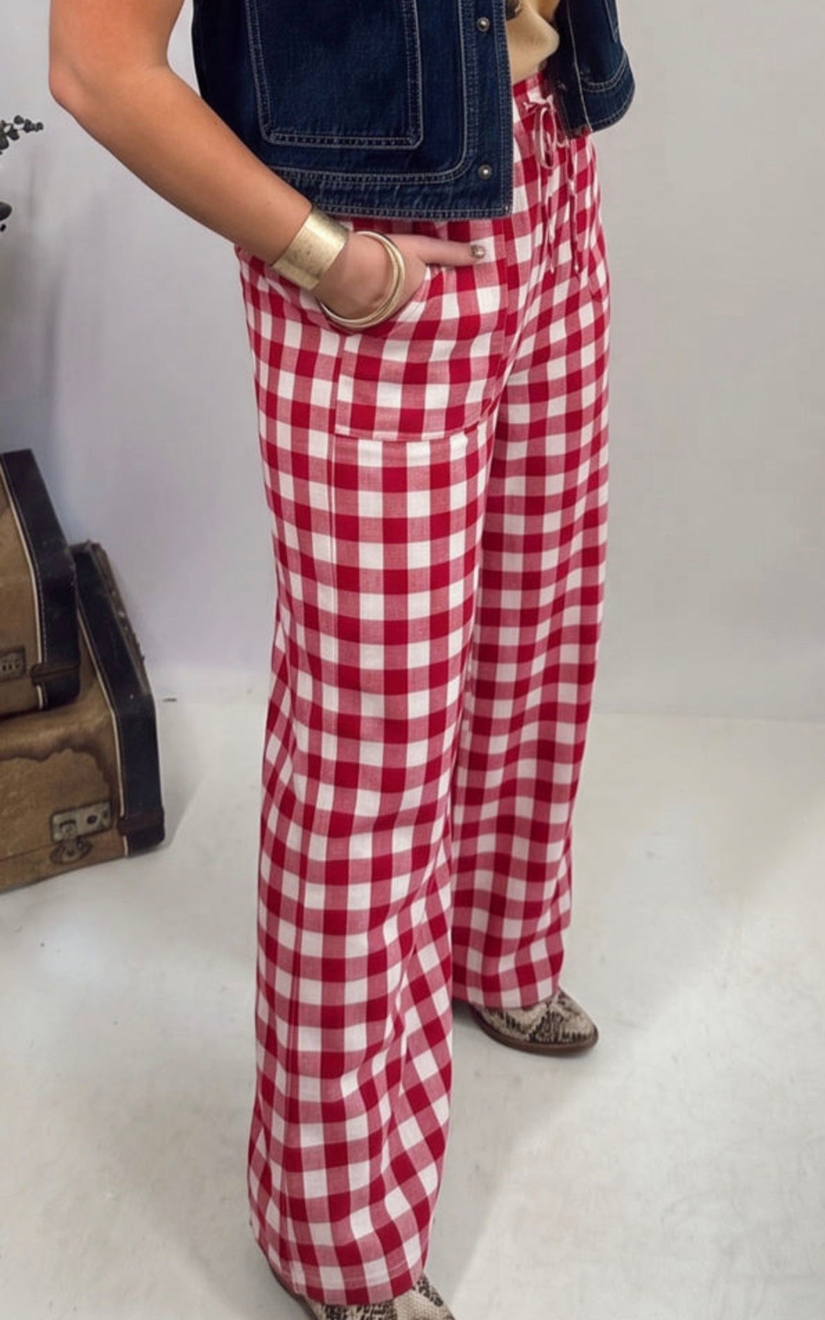 Red Gingham Tie-Waist Pants
