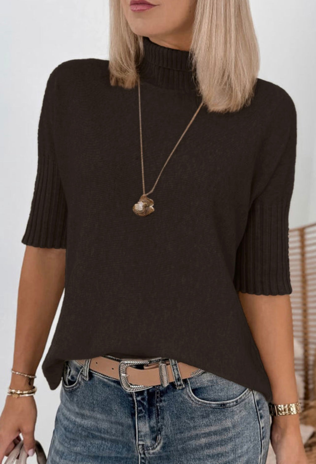 Cocoa Ribbed High Neck Sweater