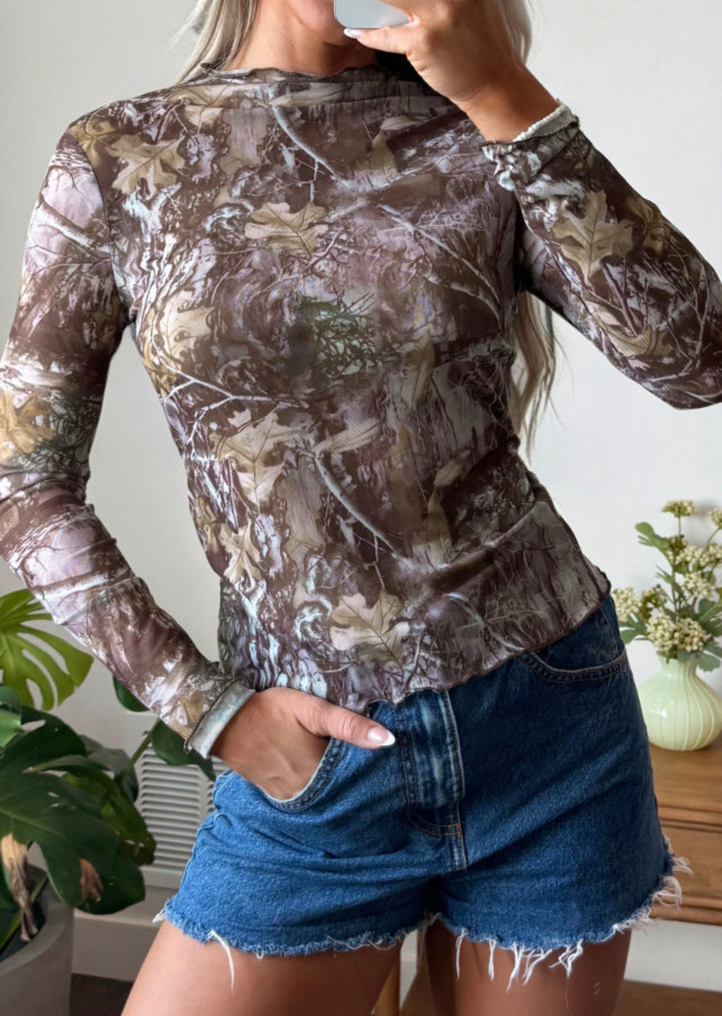 Camouflage Mesh Mock Neck Top