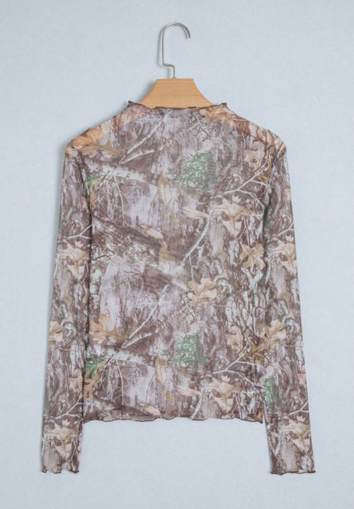Camouflage Mesh Mock Neck Top