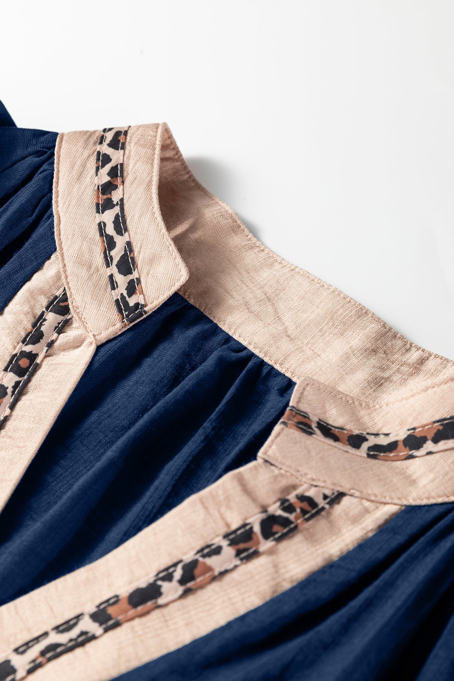 Blue Leopard Trim Flounce Sleeve Blouse