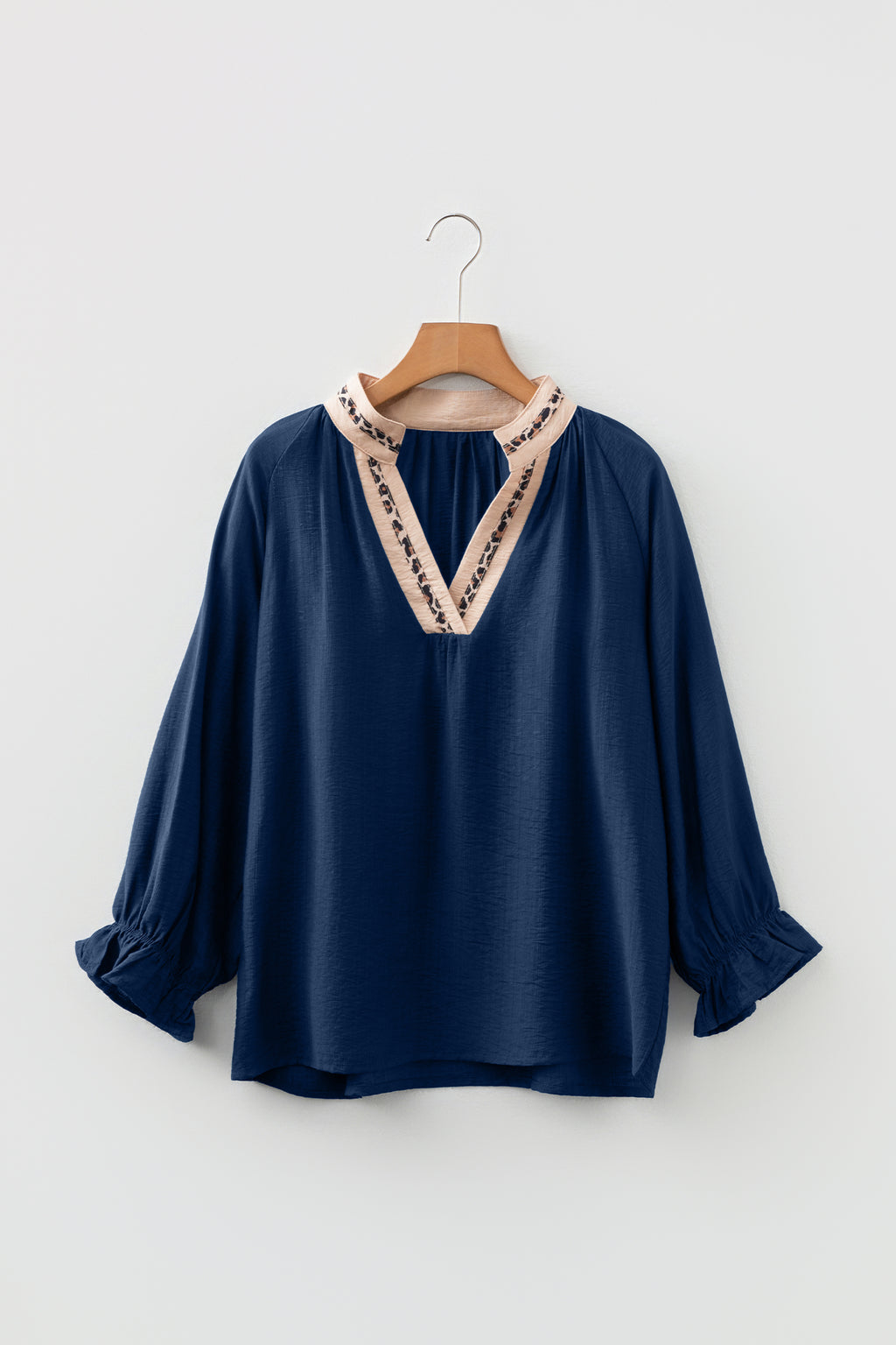 Blue Leopard Trim Flounce Sleeve Blouse
