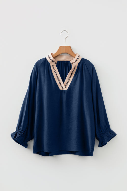 Blue Leopard Trim Flounce Sleeve Blouse