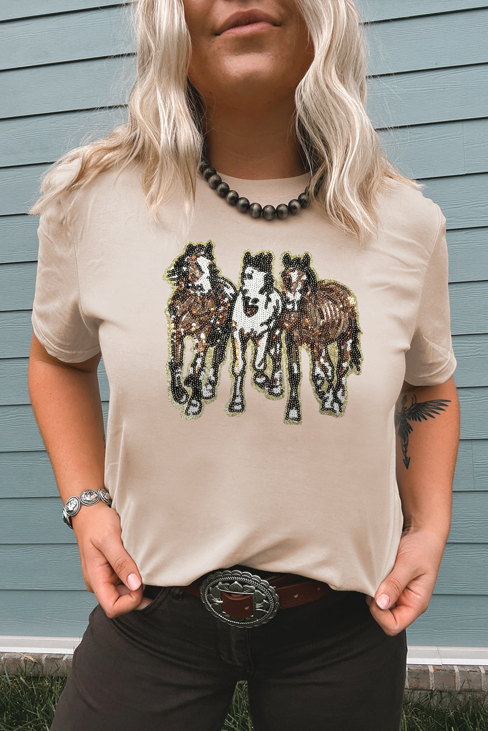 Khaki Sequin Horses Crewneck Tee