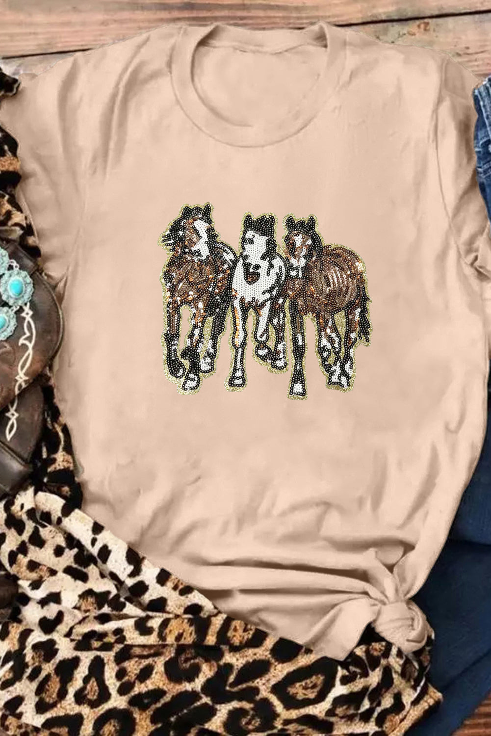 Khaki Sequin Horses Crewneck Tee