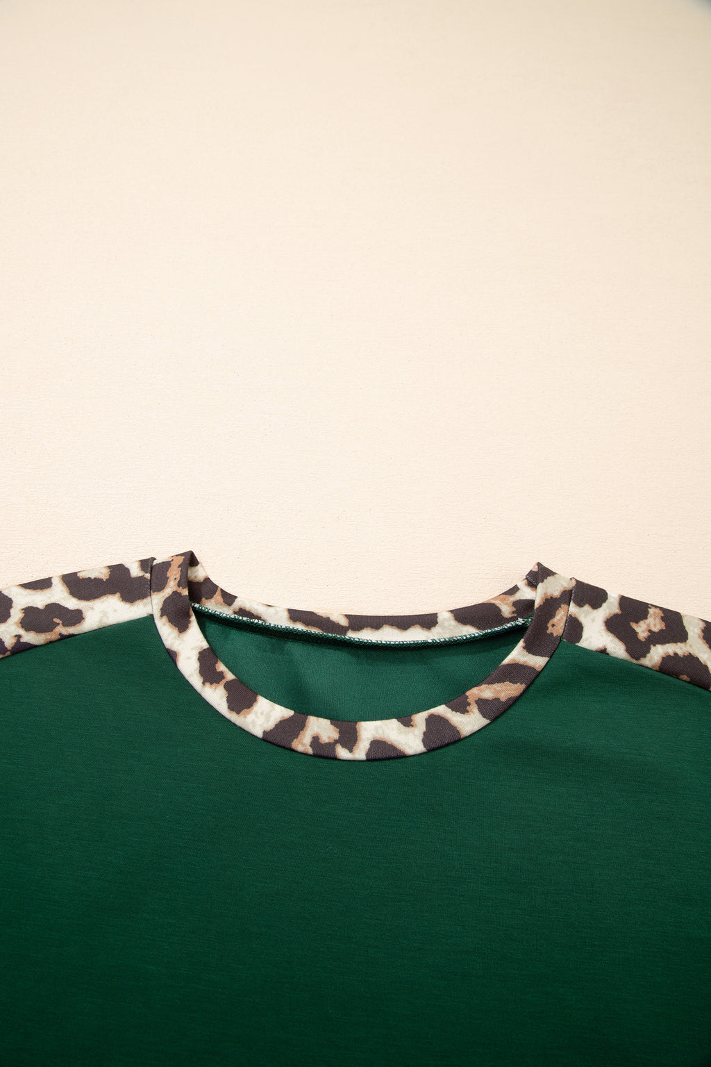 Green Leopard Trim Round Neck Tee