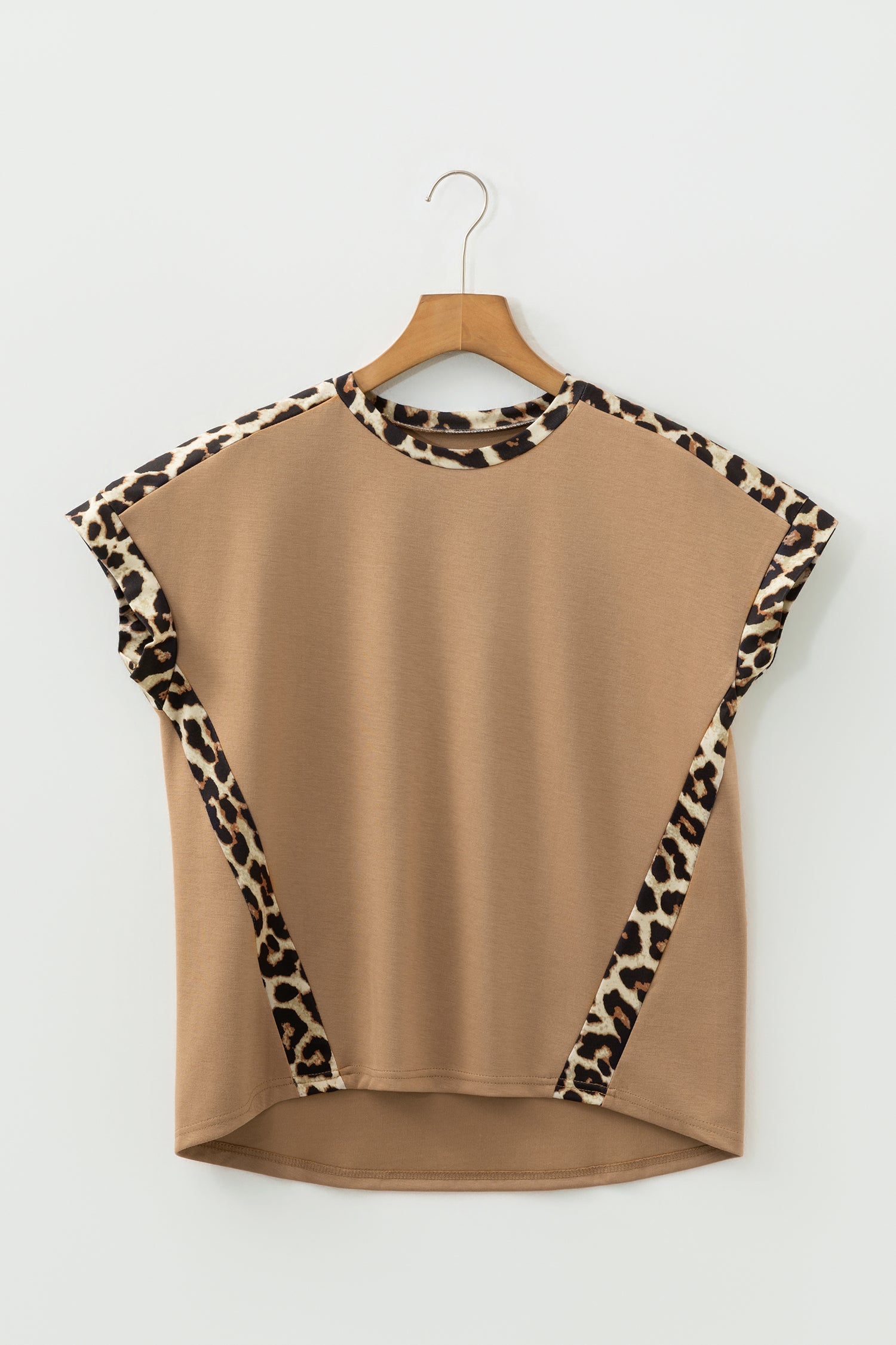 Beige Leopard Trim Round Neck Tee