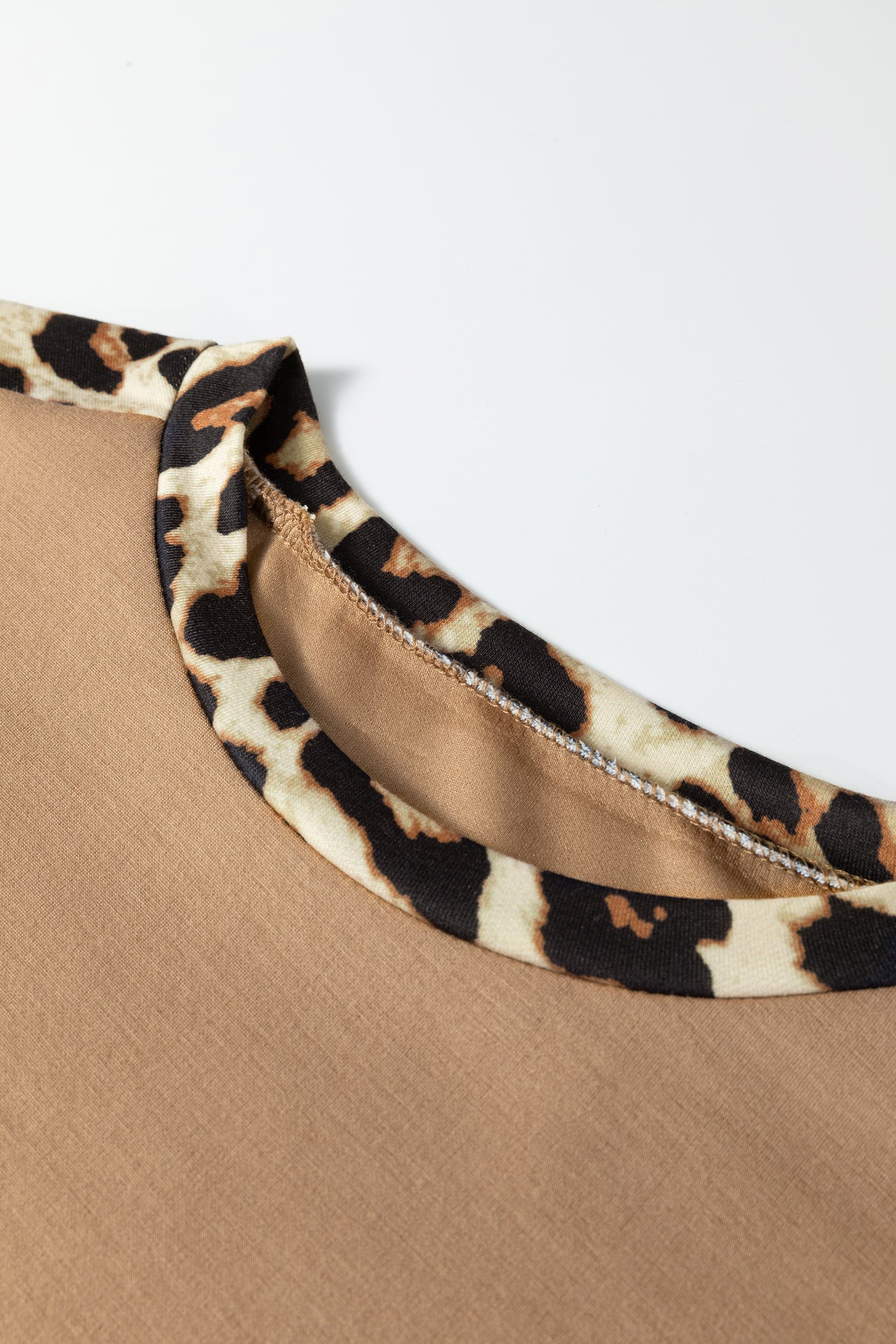 Beige Leopard Trim Round Neck Tee