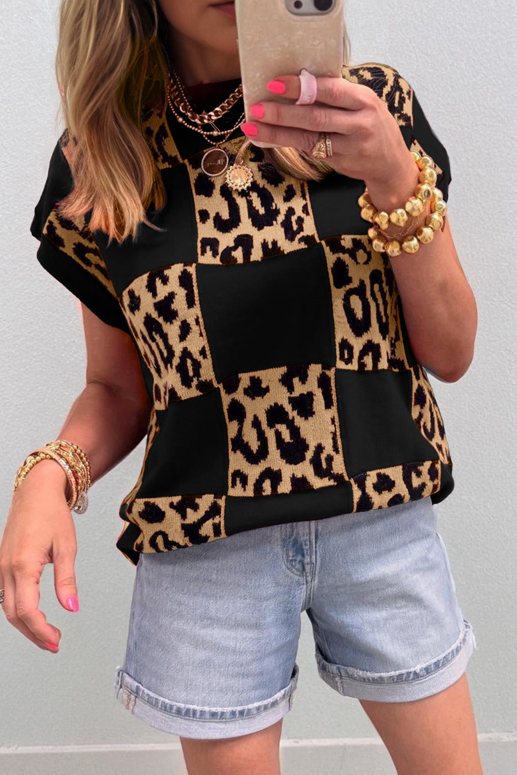 Black Leopard Checkerboard Knit Sweater