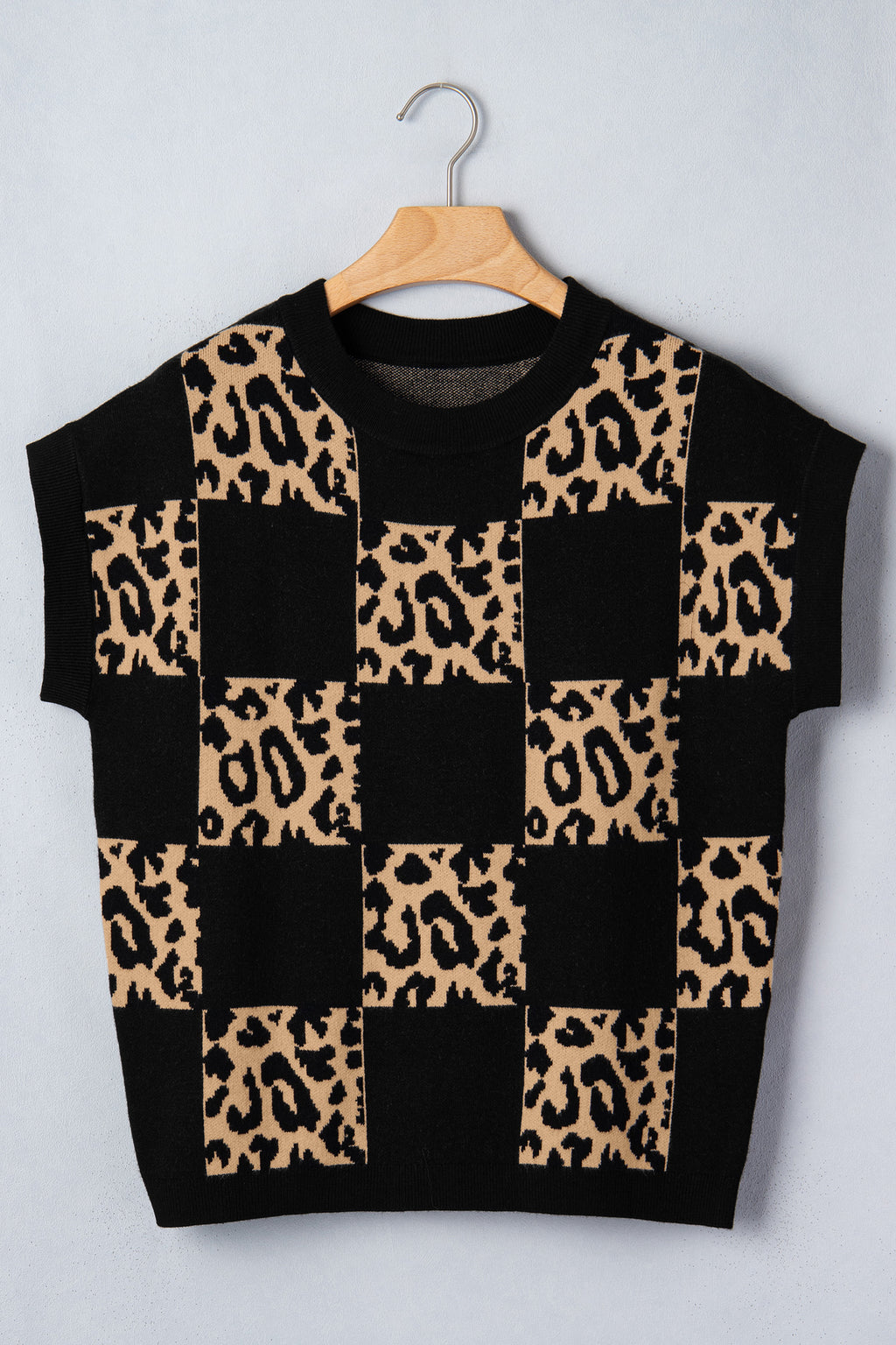 Black Leopard Checkerboard Knit Sweater