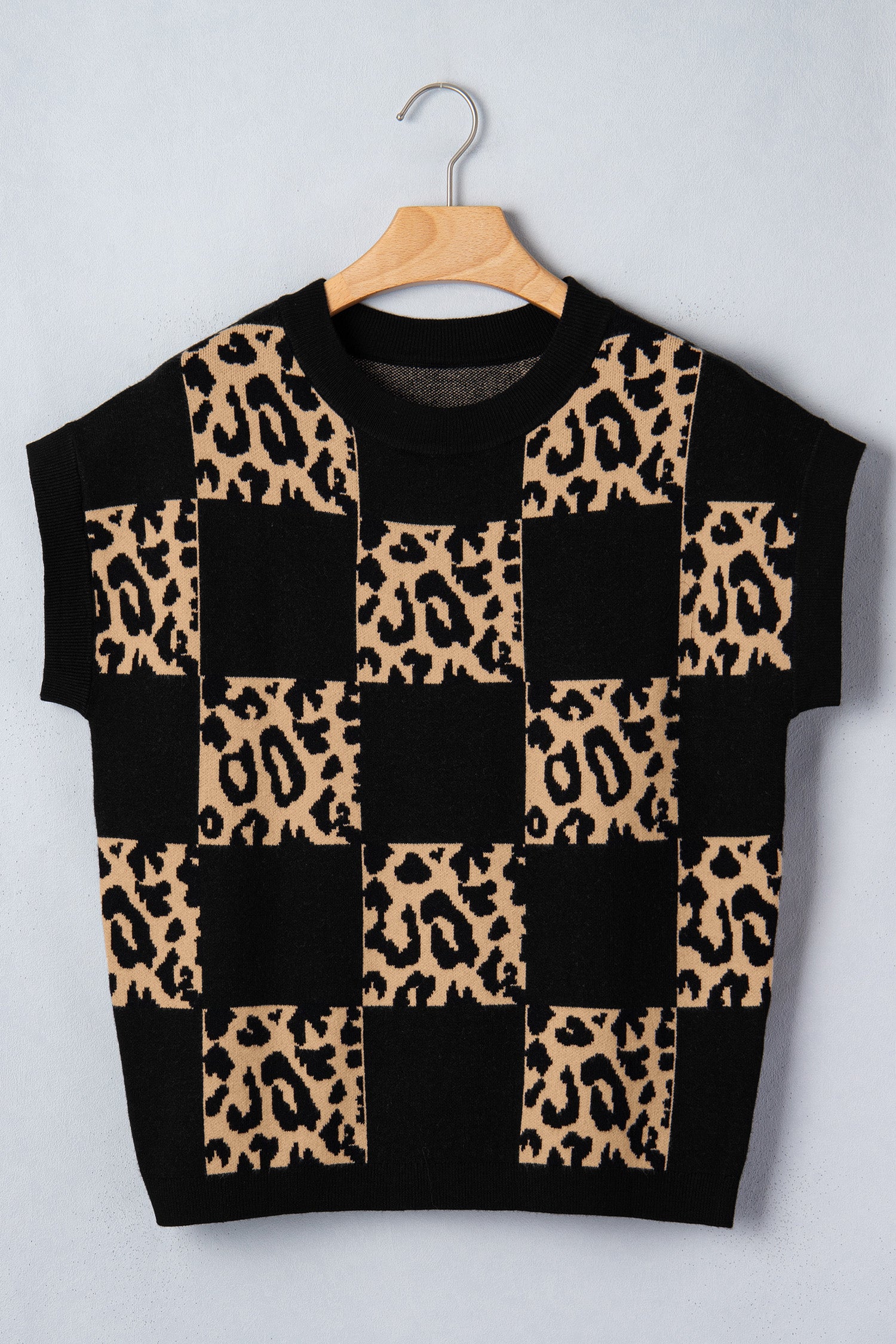 Black Leopard Checkerboard Knit Sweater