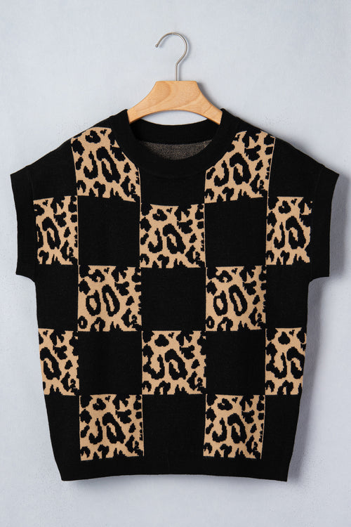 Black Leopard Checkerboard Knit Sweater