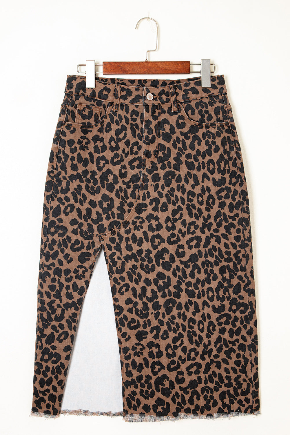 Leopard Print Frayed Denim Midi Skirt