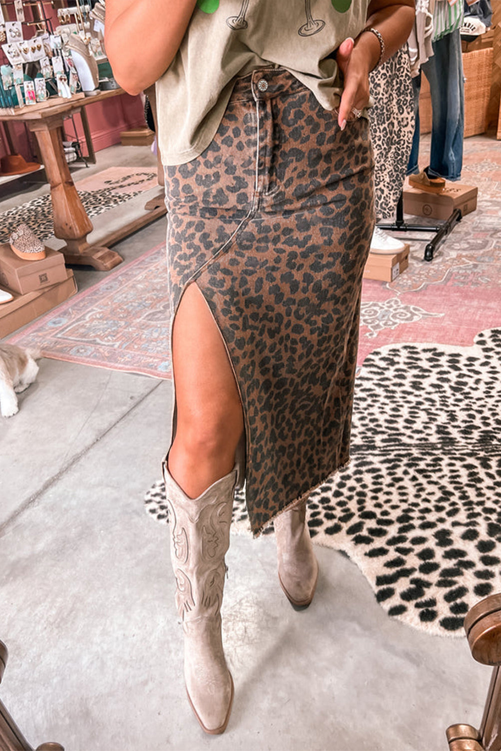 Leopard Print Frayed Denim Midi Skirt