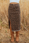 Leopard Print Frayed Denim Midi Skirt