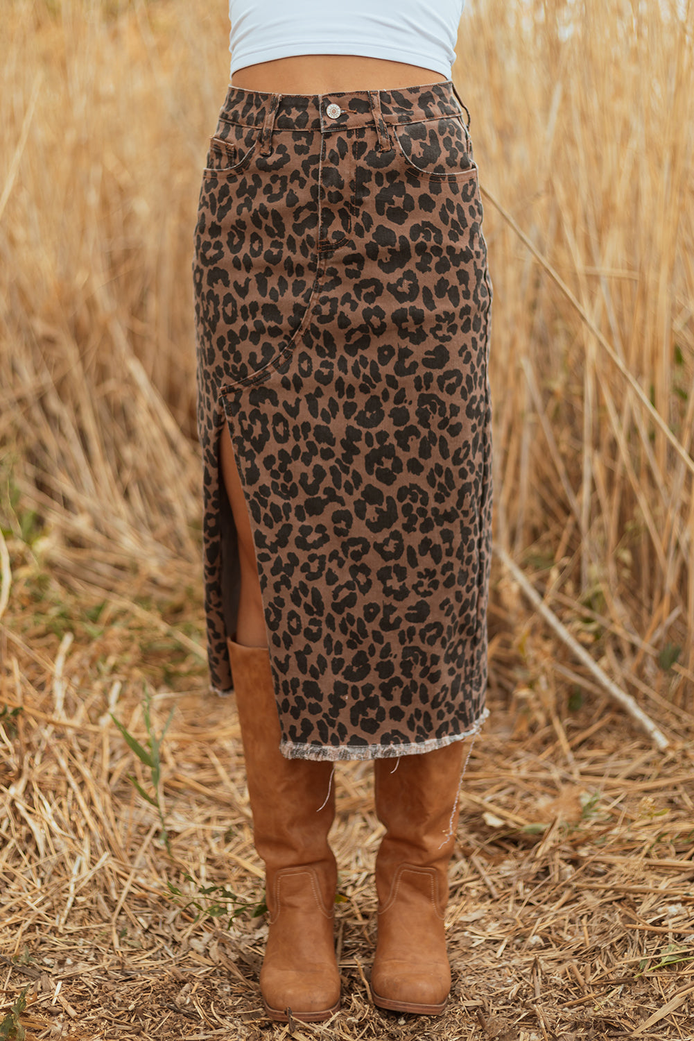 Leopard Print Frayed Denim Midi Skirt