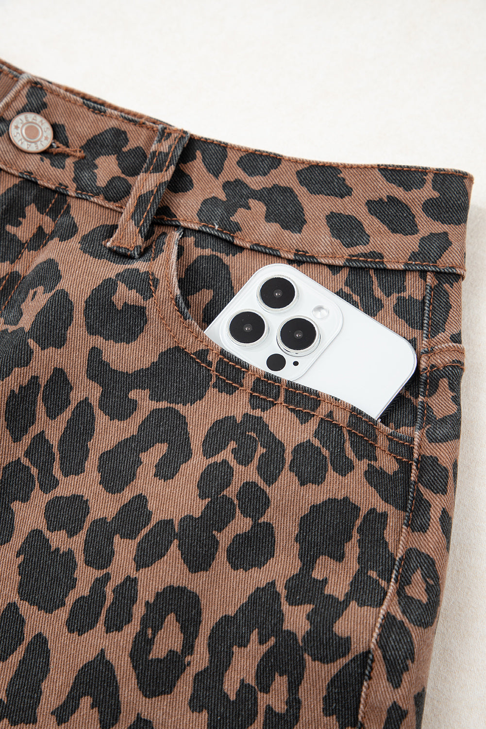 Leopard Print Frayed Denim Midi Skirt