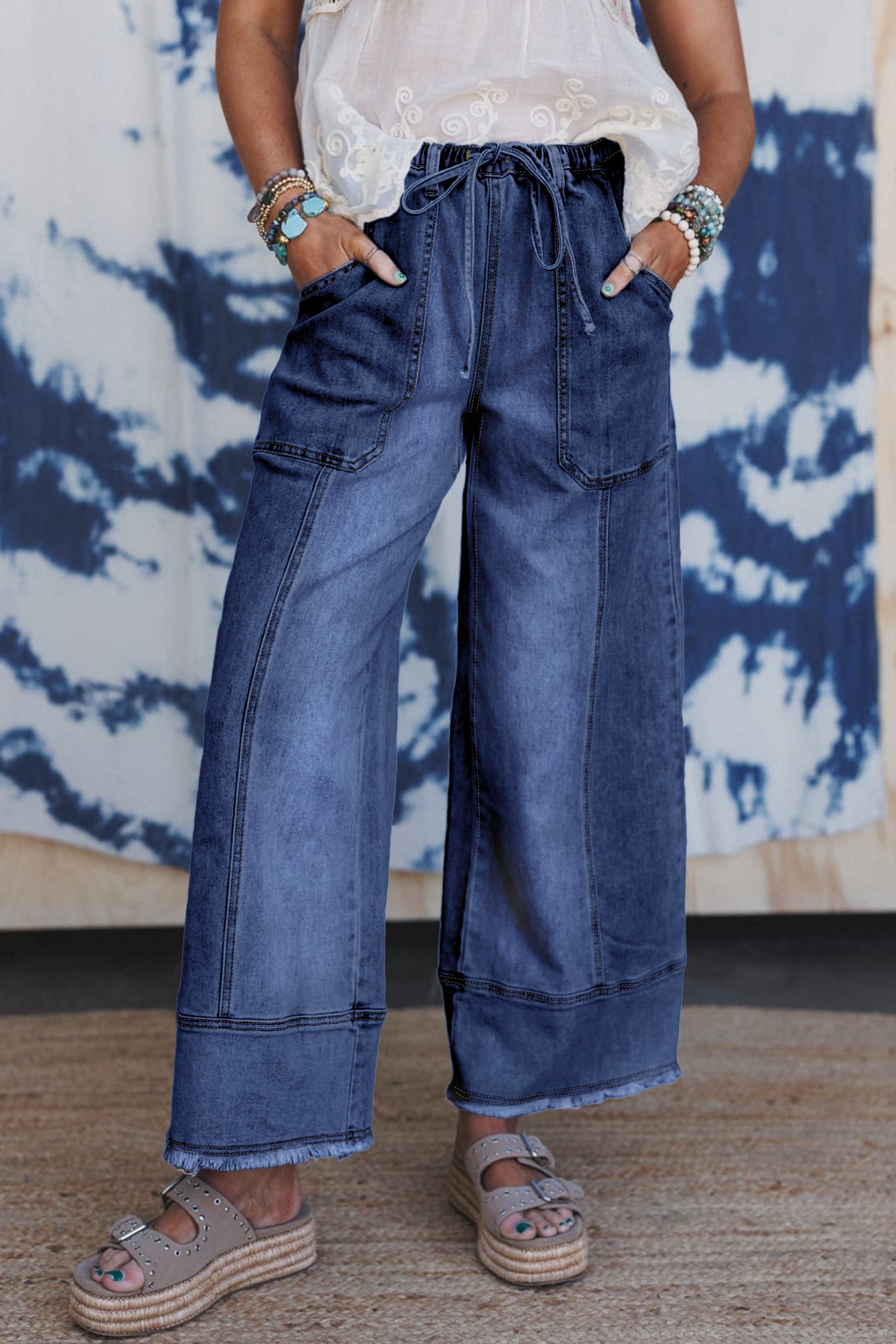 Drawstring Wide Leg Denim Pant