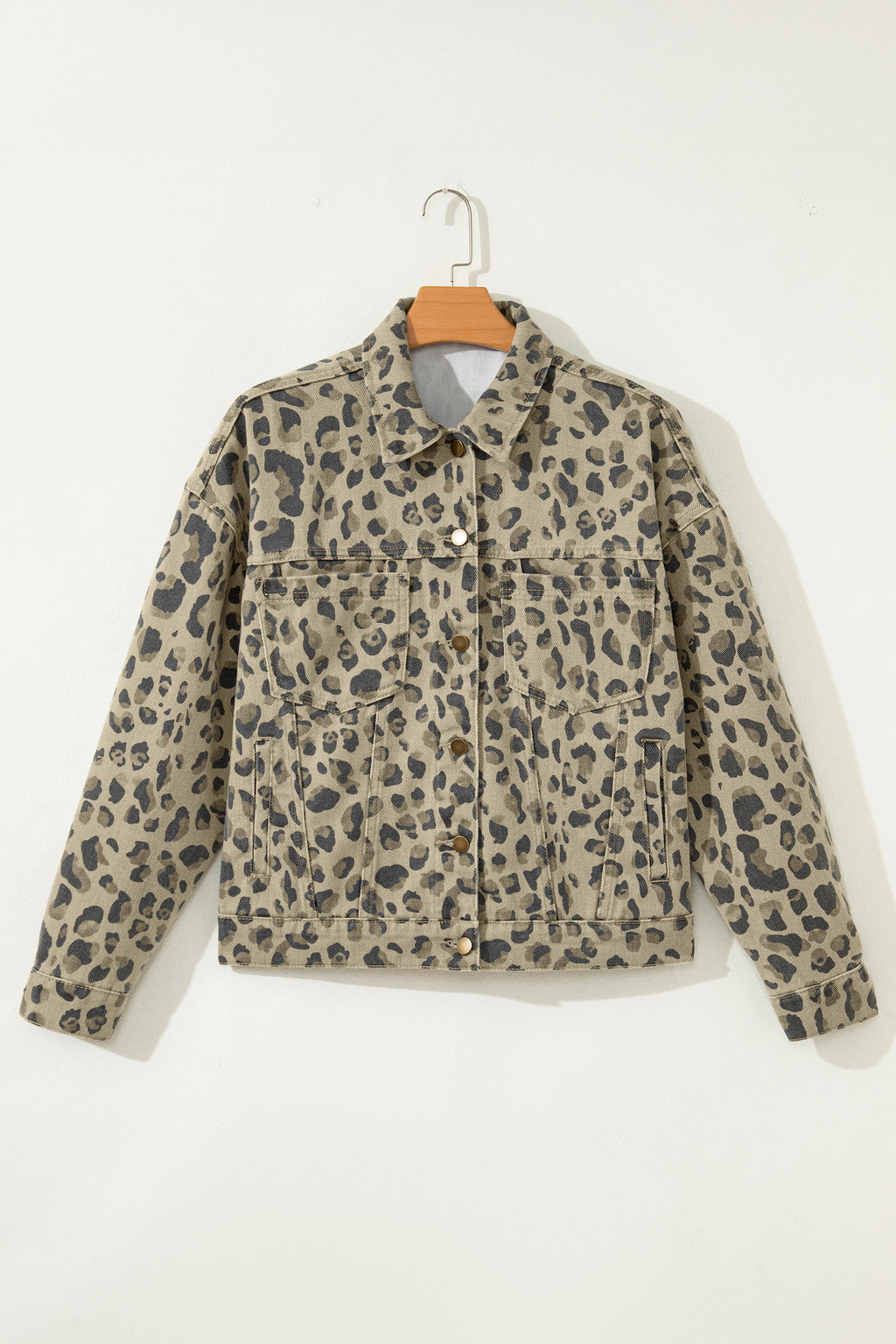 Khaki Retro Leopard Print Denim Jacket