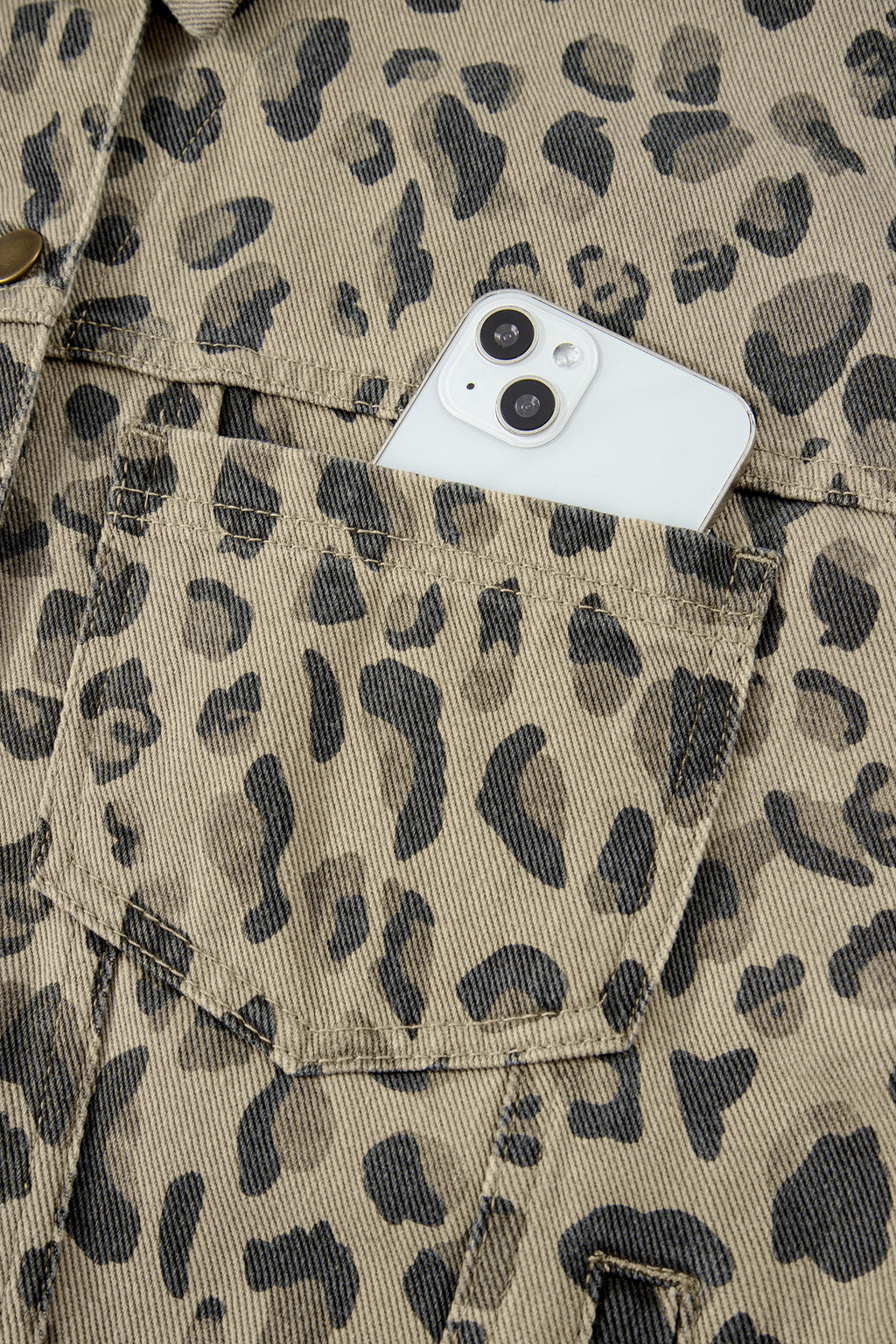 Khaki Retro Leopard Print Denim Jacket