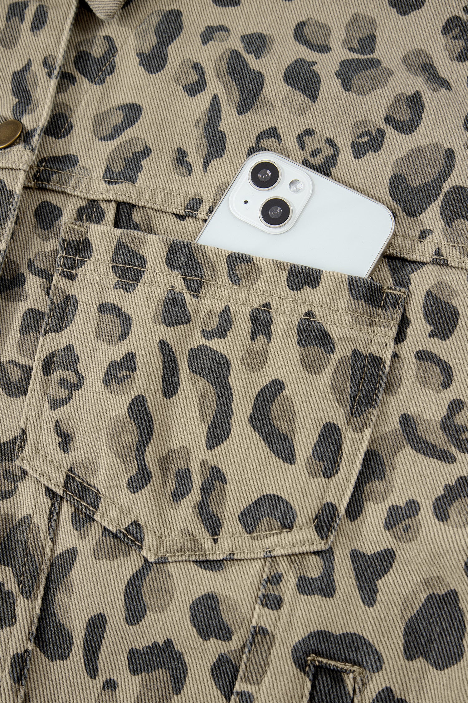 Khaki Retro Leopard Print Denim Jacket