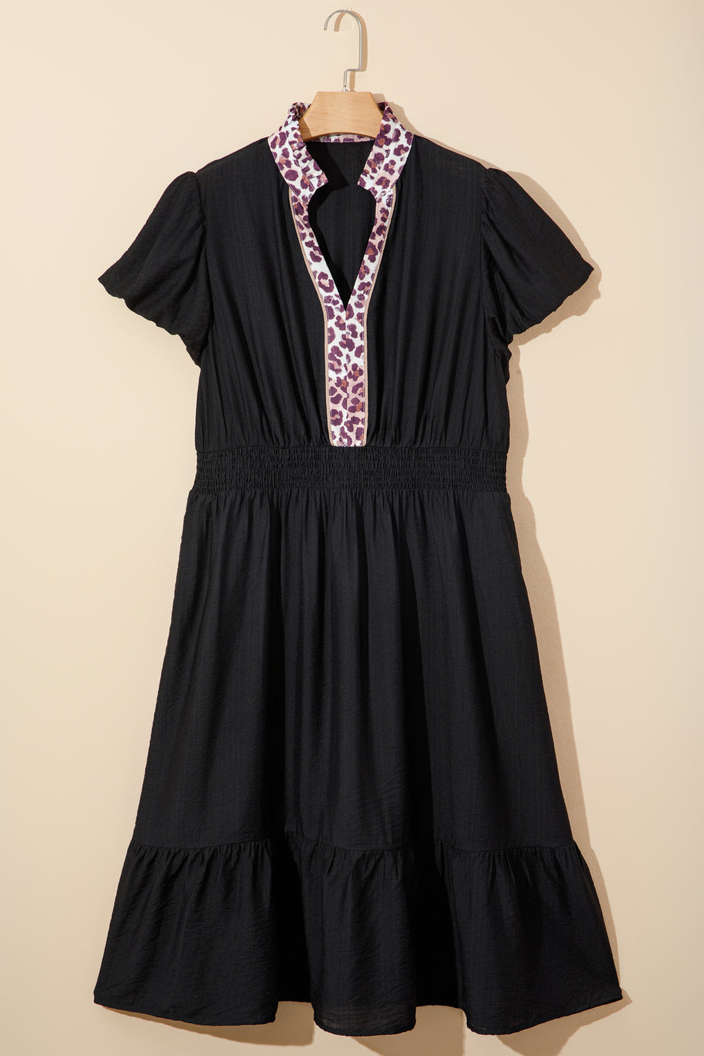 Smocked Waist Leopard Trim Dress
