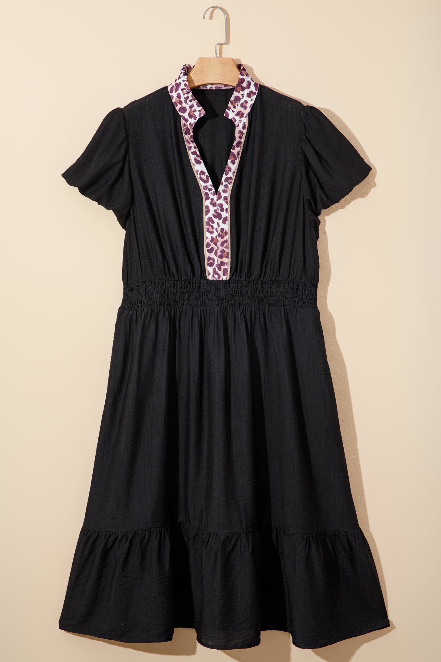 Smocked Waist Leopard Trim Dress