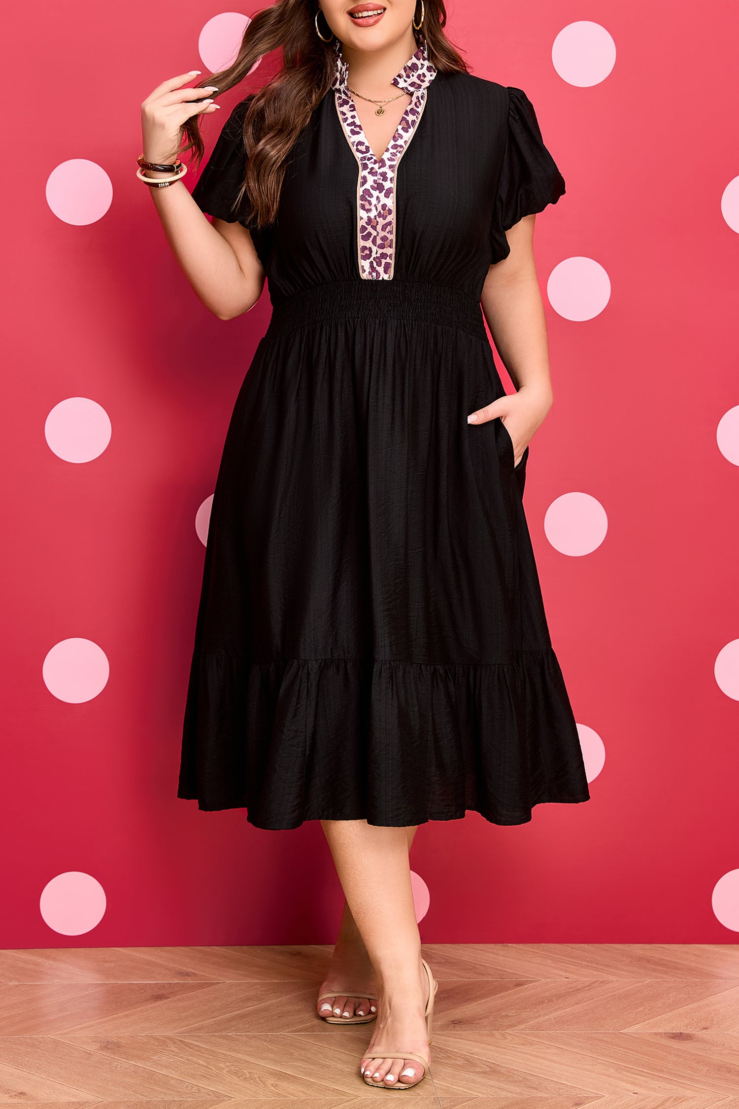 Smocked Waist Leopard Trim Dress