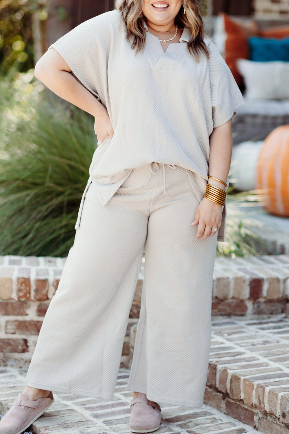 Textured Collared Top and Wide Leg Pant Set