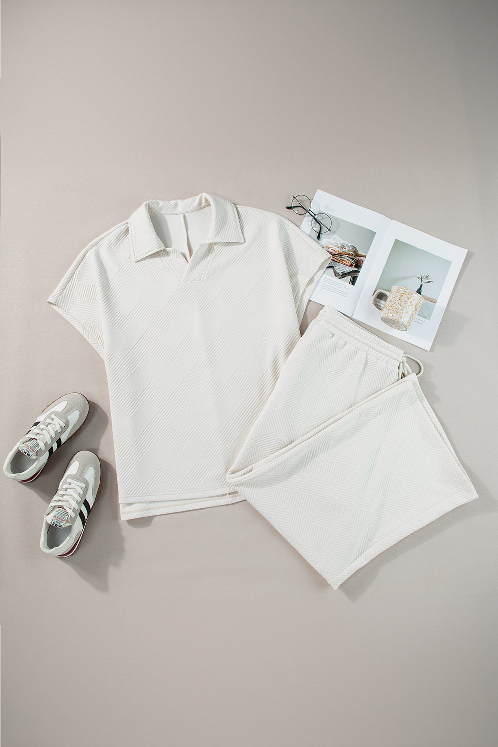 Textured Collared Top and Wide Leg Pant Set