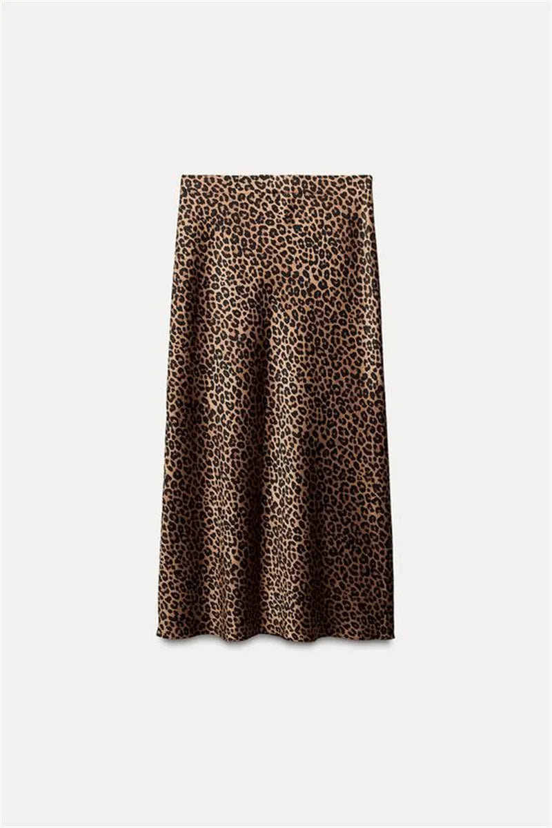 Leopard Print Satin Midi Skirt